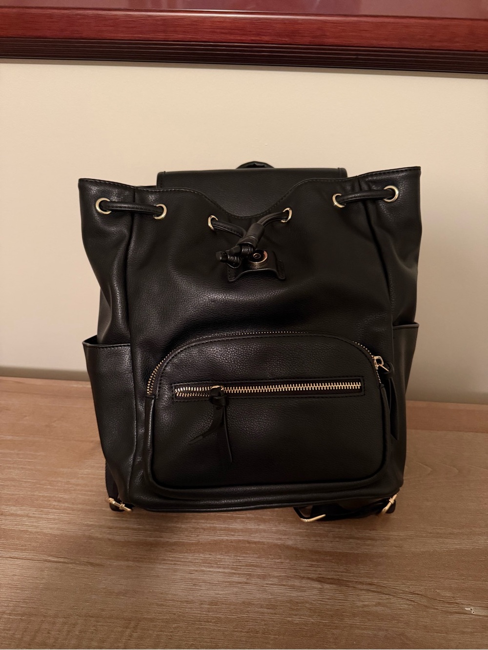 Black Drawstring Backpack with Front Zip Pocket - Women